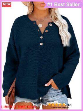 Plus Size Henley Sweater Loose V Neck Button Knit Pullover